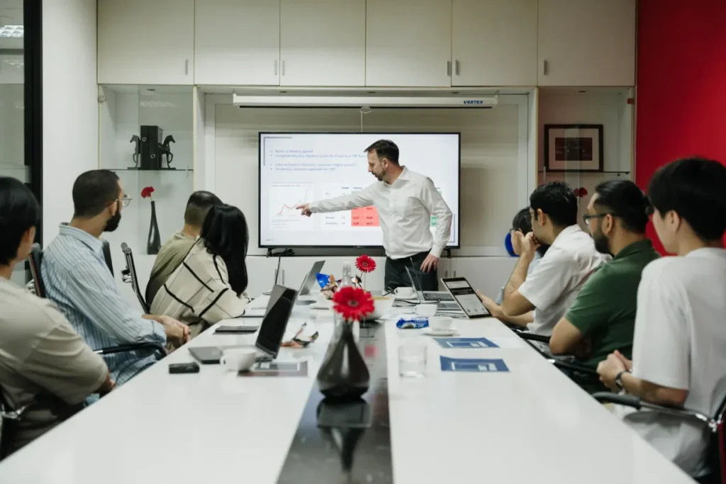 Multinational software team in Thailand brainstorming client pain points for companies in the DACH region (Germany, Austria, Switzerland)